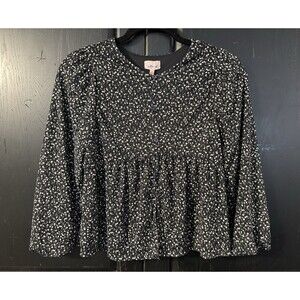 Willow+Root Black White Floral Button Front Round Neck 3/4 Sleeve Blouse L